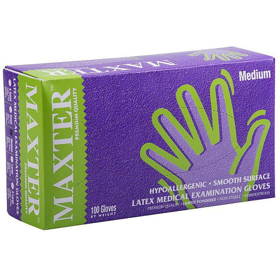 Maxter Hygienic Disposable Latex Hypoallergenic Powdered Gloves, Size M, Box of 100 Pieces