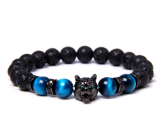 Lava + Tiger eye light blue + Wolf head bracelet elastic natural stone, ball 8 mm / 21 cm