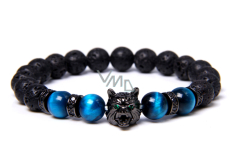 Lava + Tiger eye light blue + Wolf head bracelet elastic natural stone, ball 8 mm / 21 cm