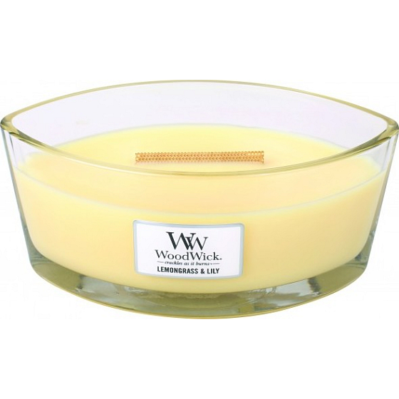 WoodWick Lemongrass & Lily - Lemon grass and lily scented candle with wooden wide wick and boat lid 453 g