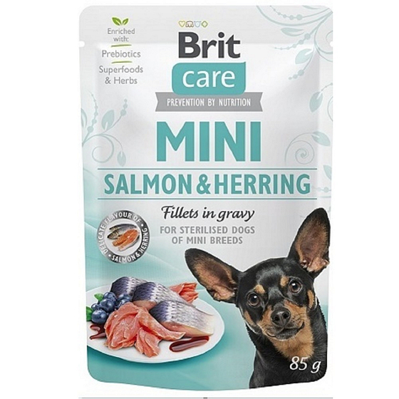 Brit Care Mini Salmon & Herring Fillets In Gravy complete super premium food for neutered adult mini breed dogs pouch 85 g