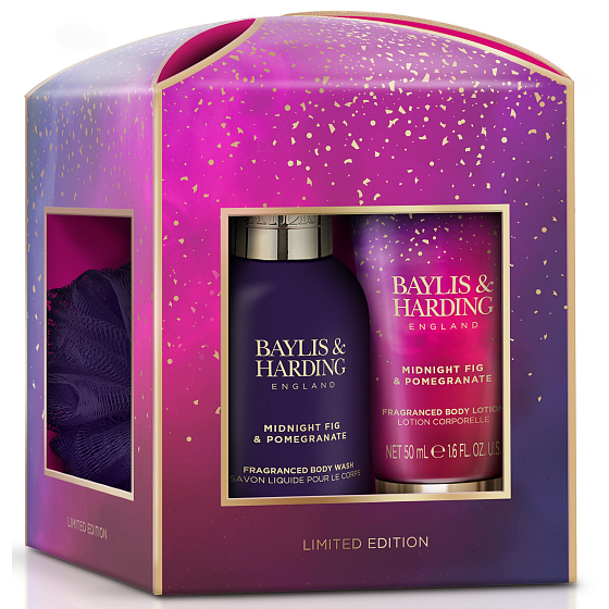 Baylis & Harding Fig and Pomegranate body lotion 50 ml + shower gel 100 ml + body sponge, cosmetic set for women