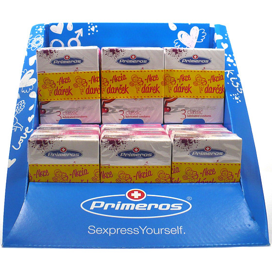 Primeros Classic condom 12 x 3 pieces + Primeros 3 X-tra Sensitive extra thin condoms 12 x 3 pieces display