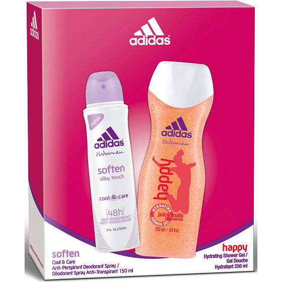 Adidas Soften antiperspirant deodorant spray for women 150 ml + Happy shower gel 250 ml, cosmetic set