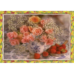 Nekupto Postcard PC- Pink roses and strawberries