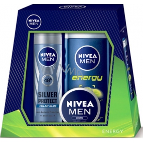 Nivea Men Energy shower gel 250 ml + Silver Protect Polar Blue antiperspirant deodorant spray 150 ml + universal cream 30 ml, cosmetic set