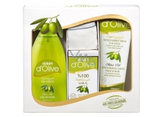 Dalan d Olive tekuté mýdlo 400 ml + toaletní mýdlo 150 g + zvláčňující krém 250 ml + žínka, kosmetická sada