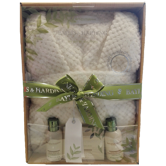 Baylis & Harding Oatmeal, Milk, Honey liquid body soap 100 ml + body lotion 100 ml + crystals for foot bath 75 g + white cotton bathrobe, cosmetic set