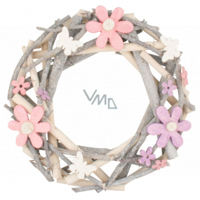 Wreath of twigs with colorful flowers and bow ties 30 cm