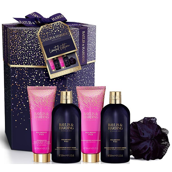 Baylis & Harding Mulberry Fizz shower cream 300 ml + washing gel 300 ml + body and hand lotion 130 ml + shower gel 130 ml + washing sponge, cosmetic set for women