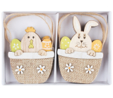 Wooden hanging basket with hen and rabbit 8,5 cm 4 pieces in box