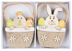 Wooden hanging basket with hen and rabbit 8,5 cm 4 pieces in box