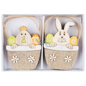 Wooden hanging basket with hen and rabbit 8,5 cm 4 pieces in box