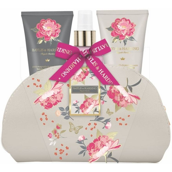 Baylis & Harding Pink magnolia and pear blossom shower cream 50 ml + hand and body lotion 50 ml + body spray 100 ml + cosmetic handbag, cosmetic set