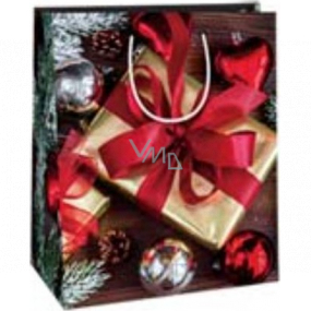 Ditipo Gift paper bag 26.4 x 13.6 x 32.7 cm Christmas golden gift with red bow