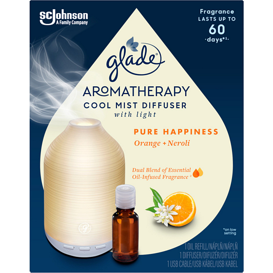 Glade Aromatherapy Cool Mist Diffuser Pure Happiness Orange + Neroli Diffuser led backlight, color white, 1 + 17,4 ml