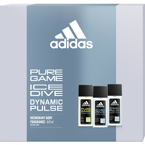 Adidas Pure Game perfumed deodorant glass 75 ml + Ice Dive perfumed deodorant glass 75 ml + Dynamic Pulse perfumed deodorant glass 75 ml, cosmetic set for men