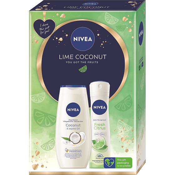 Nivea Lime Coconut Coconut & Jojoba Oil creamy shower gel 250 ml + Fresh Citrus antiperspirant deodorant spray 150 ml, cosmetic set for women