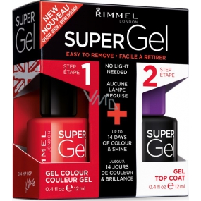 Rimmel London Super Gel by Kate nail polish 034 Hip Hop 12 ml + Super Gel Top Coat top coat nail 001 Transparent 12 ml, duopack
