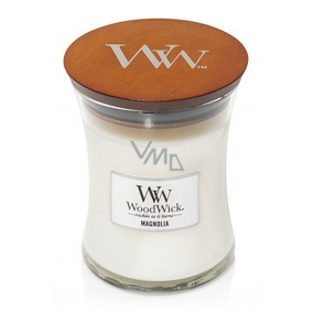 WoodWick Magnolia - Magnolia scented candle with wooden wick and glass lid medium 275 g