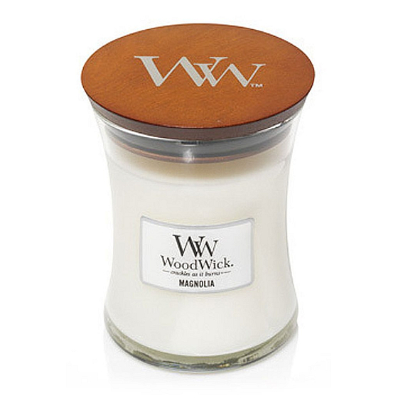 WoodWick Magnolia - Magnolia scented candle with wooden wick and glass lid medium 275 g