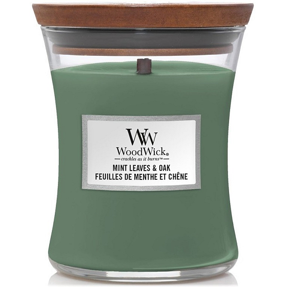 WoodWick Mint Leaves & Oak scented candle with wooden wick and lid glass medium 275 g