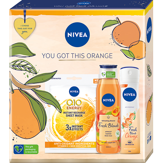 Nivea You Got This Orange Q10 Energy textile face mask 1 piece + Fresh Blends Apricot shower gel 300 ml + Fresh Blends Orange antiperspirant deodorant spray 150 ml, cosmetic set for women