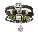 Leather multi-layered bracelet, symbol Tree of Life + lily + Star of David, adjustable size