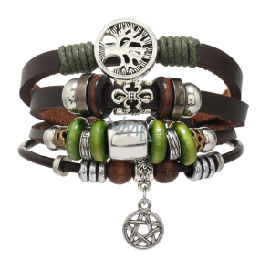 Leather multi-layered bracelet, symbol Tree of Life + lily + Star of David, adjustable size