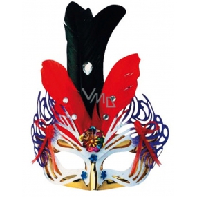 Gold-violet ball mask with black and red feathers 30 cm