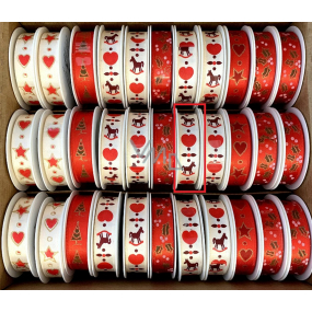 Ditipo Satin Ribbon Villach Cream with Red Hearts and Horses 3 m x 15 mm