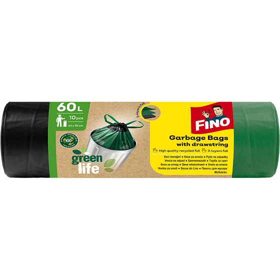 Fino Green Life recycled PE drawstring trash bags, 63 × 72 cm, 60 l, 10 pcs