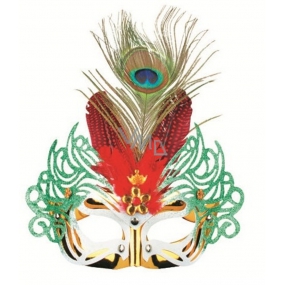 Golden ball mask with red feathers 30 cm