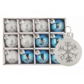 White and blue glass flasks with snowflake set 3 cm, 12 pieces