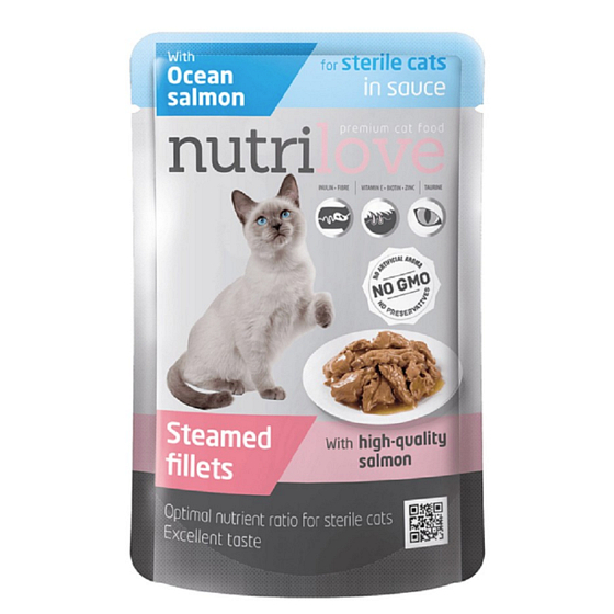 Nutrilove Stewed Fillets with Juicy Salmon in Sauce Complete Food for Neutered and Sterilized Cats Pouch 85 g