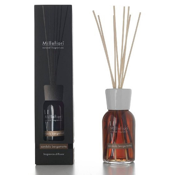 Millefiori Milano Natural Sandalwood Bergamot - Sandalwood and Bergamot Diffuser 250 ml + 8 reeds, 30 cm in length, for medium-sized spaces, lasts at least 3 months