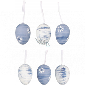Blue-white plastic eggs for hanging 6 cm, 6 pieces in a bag