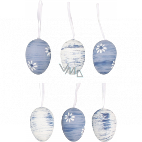 Plastic blue-white hanging eggs 6 cm, 6 pieces in a bag
