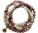 108 Mala Amazonite + Rhodonite + Lotus necklace meditation jewelry, natural stone, ball 6 mm