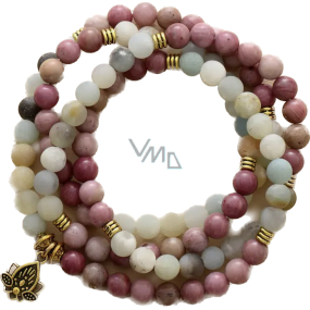 108 Mala Amazonite + Rhodonite + Lotus necklace meditation jewelry, natural stone, ball 6 mm