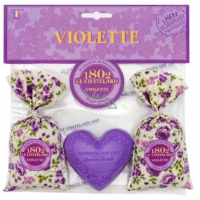 Le Chatelard Violet cloth bag filled with fragrance mixture 2 x 18 g + Marselle heart-shaped toilet soap 100 g + Violet fragrant bag 2 x 18 g, cosmetic set