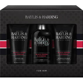 Baylis & Harding Men Black Pepper and Ginseng Body and Hair Cleansing Gel 300 ml + After Shave Balm 200 ml + Shower Gel 200 ml, cosmetic set