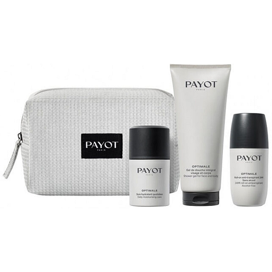 Payot Optimale Soin Hydratant Quotidien moisturizing gel cream 50 ml + Gel de Douche Intégral shower gel for body and hair 200 ml + Roll-on anti-transpirant 24H deodorant roll-on 75 ml + cosmetic bag, cosmetic set for men 2023