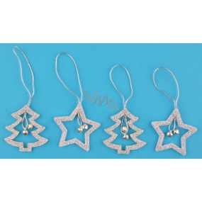Star, tree, silver glitter for hanging 5 cm, 4 pieces