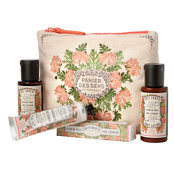 Panier des Sens Rose & Nutmeg shower gel 50 ml + Body Lotion 50 ml + Eau de Toilette 3.5 ml + Hand Cream 30 ml, Travel Gift Set