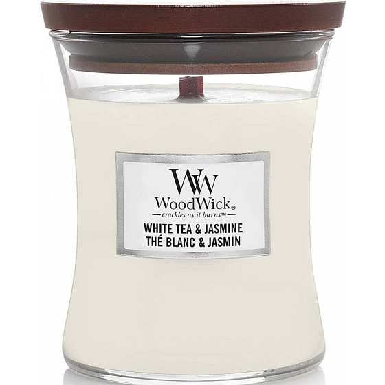 WoodWick White Tea & Jasmin - White tea and jasmine scented candle with wooden wick and lid glass small 85 g
