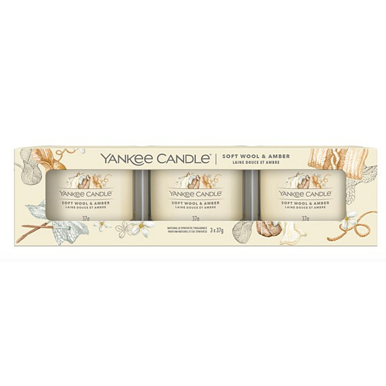 Yankee Candle Soft Wool & Amber - Soft wool and amber scented votive candle in glass 3 x 37 g, gift set
