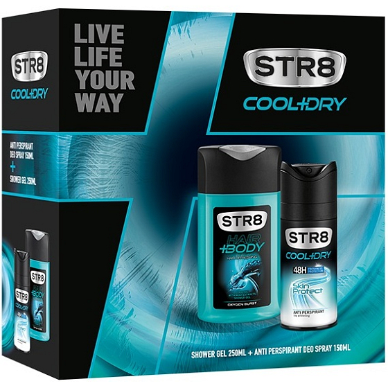 Str8 Cool + Dry Skin Protect 48h antiperspirant deodorant spray for men 150 ml + Oxygen Burst shower gel 250 ml, cosmetic set