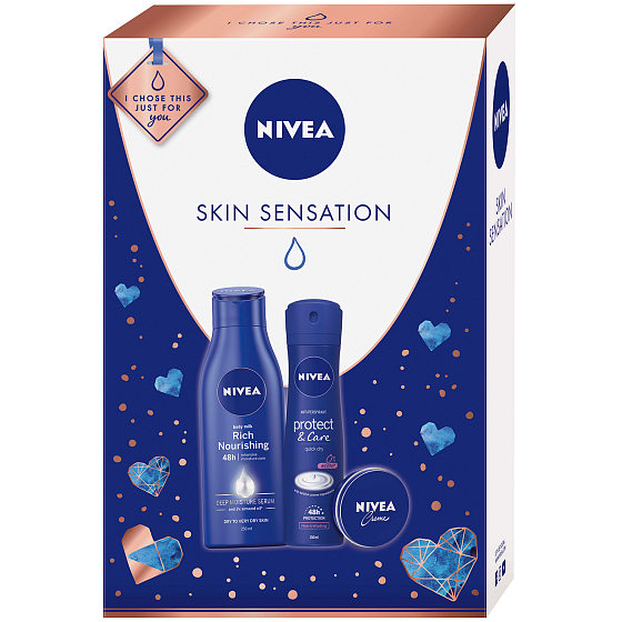 Nivea Skin Sensation nourishing body lotion for women 250 ml + Protect & Care antiperspirant spray for women 150 ml + cream 30 ml, cosmetic set