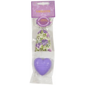 Le Chatelard Violet fabric bag filled with 7 g fragrance + French natural heart soap 25 g, cosmetic set